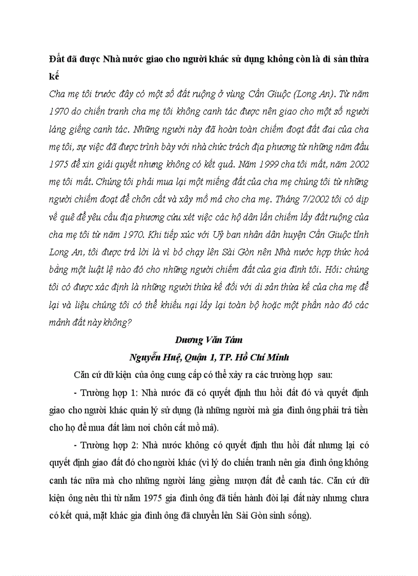 image for page Tình huống và tư vấn PL về thừa kế nhà và QSD đất TH35 Đất đã được Nhà nước giao cho người khác sử dụng không còn là di sản thừa kế