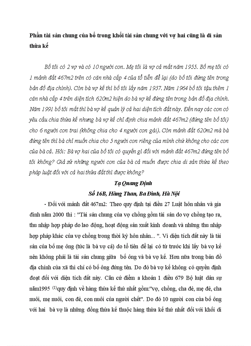 image for page Tình huống và tư vấn PL về thừa kế nhà và QSD đất TH36 Phần tài sản chung của bố trong khối tài sản chung với vợ hai cũng là di sản thừa kế