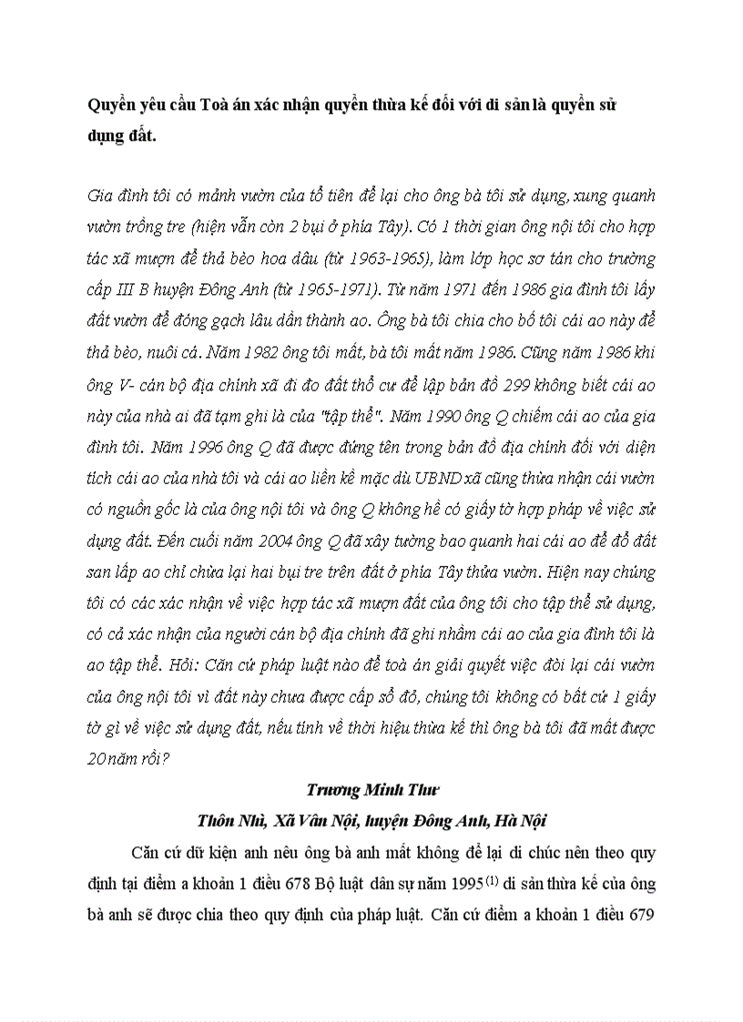 image for page Tình huống và tư vấn PL về thừa kế nhà và QSD đất TH39 Quyền yêu cầu Toà án xác nhận quyền thừa kế đối với di sản là quyền sử dụng đất