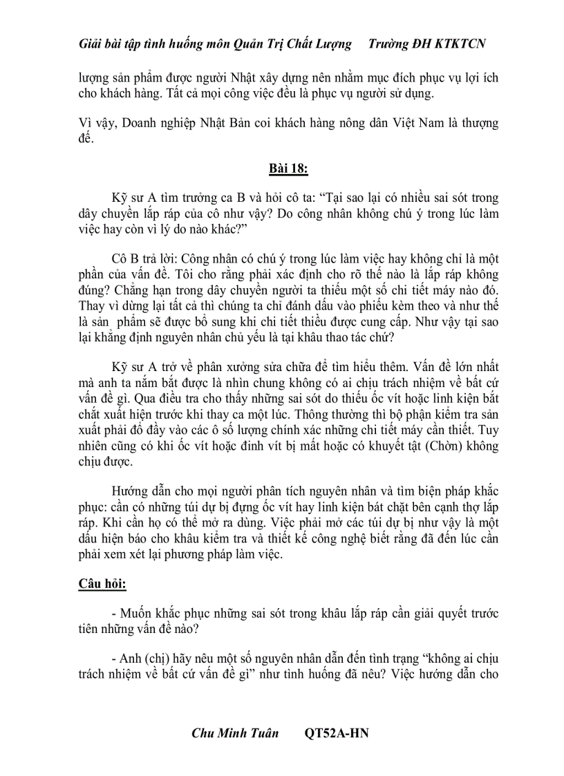 image for page Giải bài tập Tình Huống môn Quản Trị Chất Lượng 2011