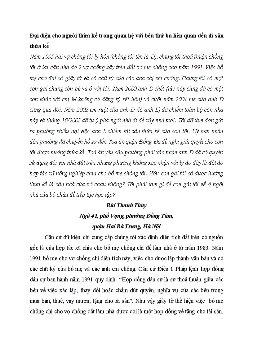 image for page Tình huống và tư vấn PL về thừa kế nhà và QSD đất TH83 Đại diện cho người thừa kế trong quan hệ với bên thứ ba liên quan đến di sản thừa kế