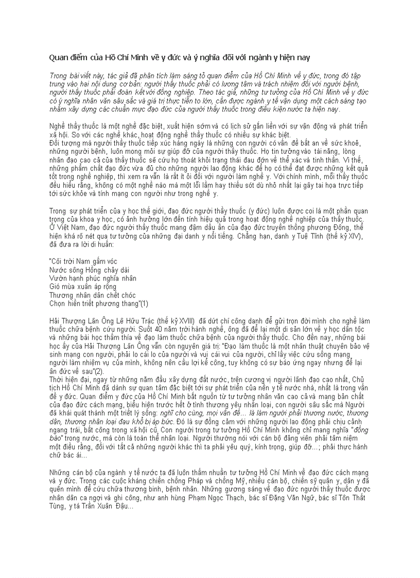 image for page Quan điểm của Hồ Chí Minh về y đức và ý nghĩa đối với ngành y hiện nay