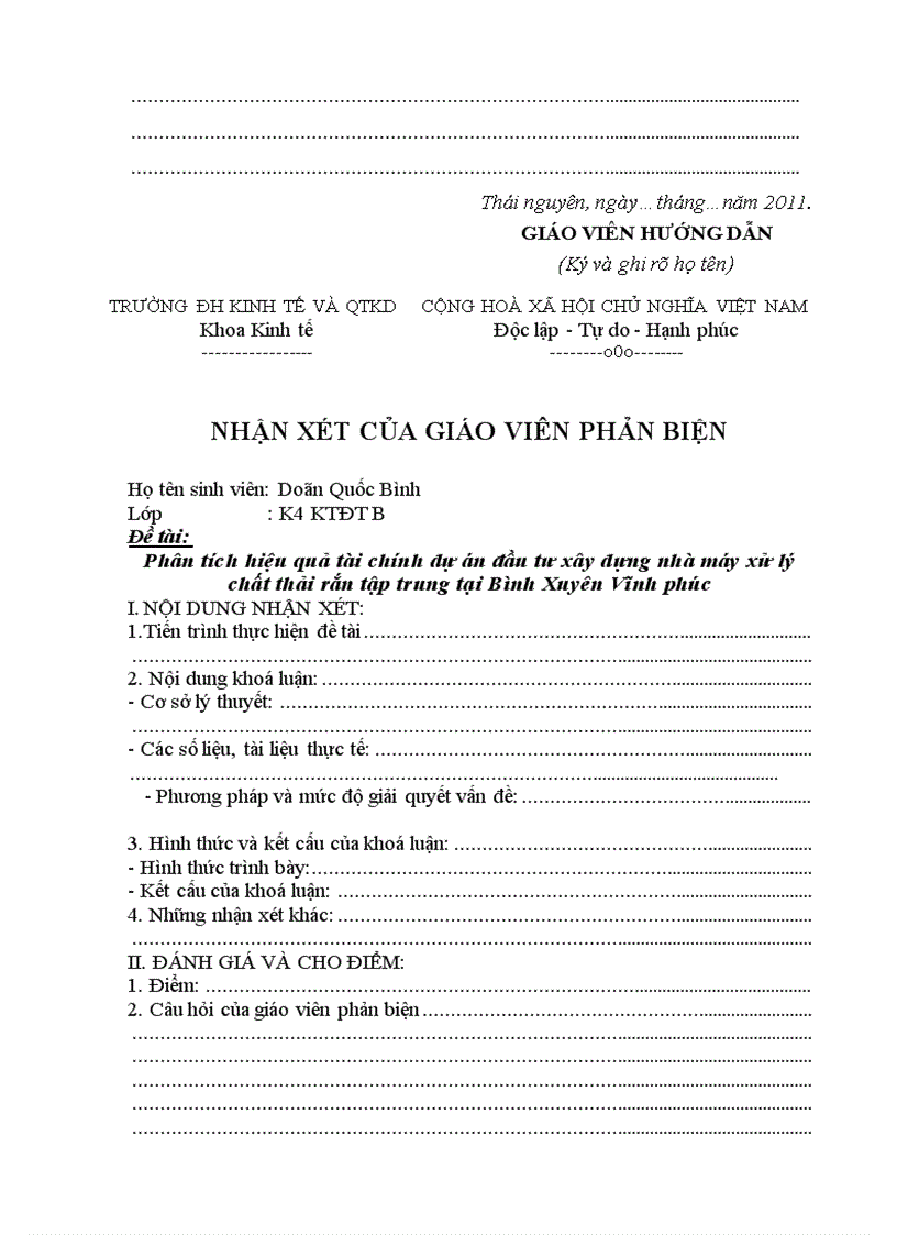 image for page Khóa luận tốt nghiệp Phân tích hiệu quả tài chính dự án đầu tư xây dựng nhà máy xử lý chất thải rắn tập trung tại Bình Xuyên Vĩnh phúc