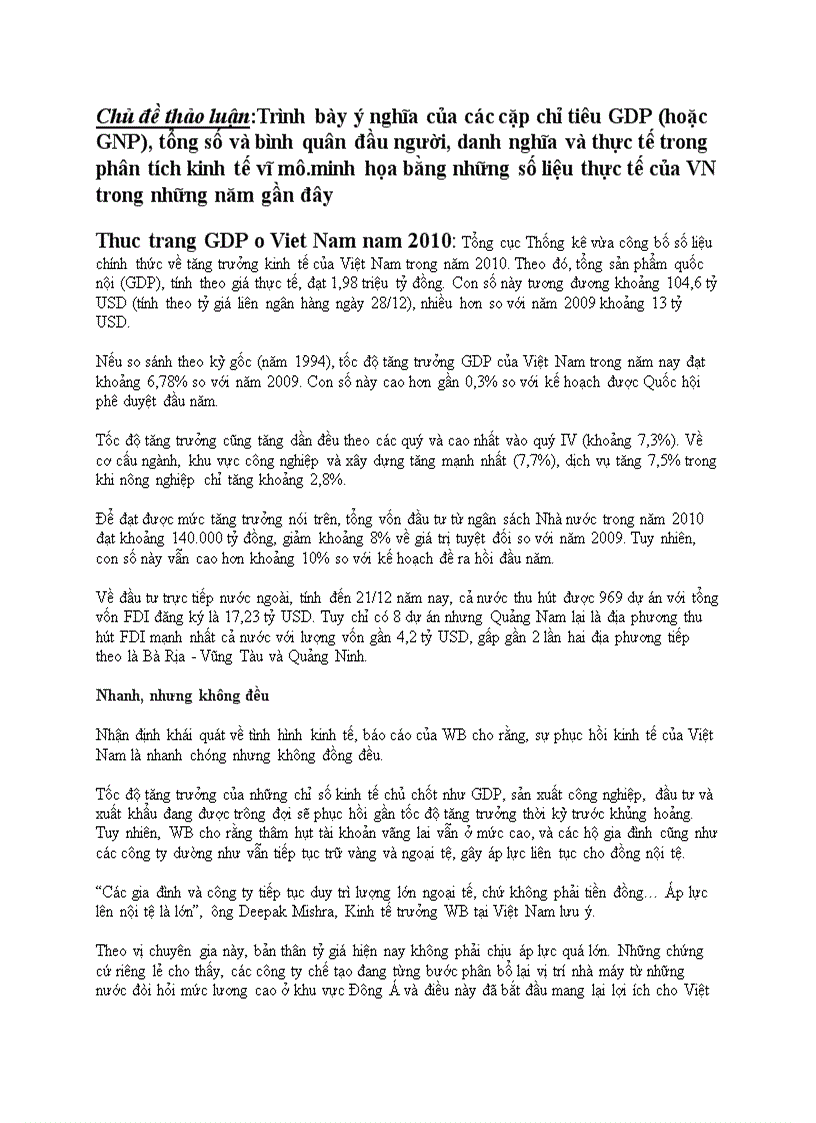 image for page Trình bày ý nghĩa của các cặp chỉ tiêu GDP hoặc GNP tổng số và bình quân đầu người danh nghĩa và thực tế trong phân tích kinh tế vĩ mô minh họa bằng những số liệu thực tế của Việt Nam trong
