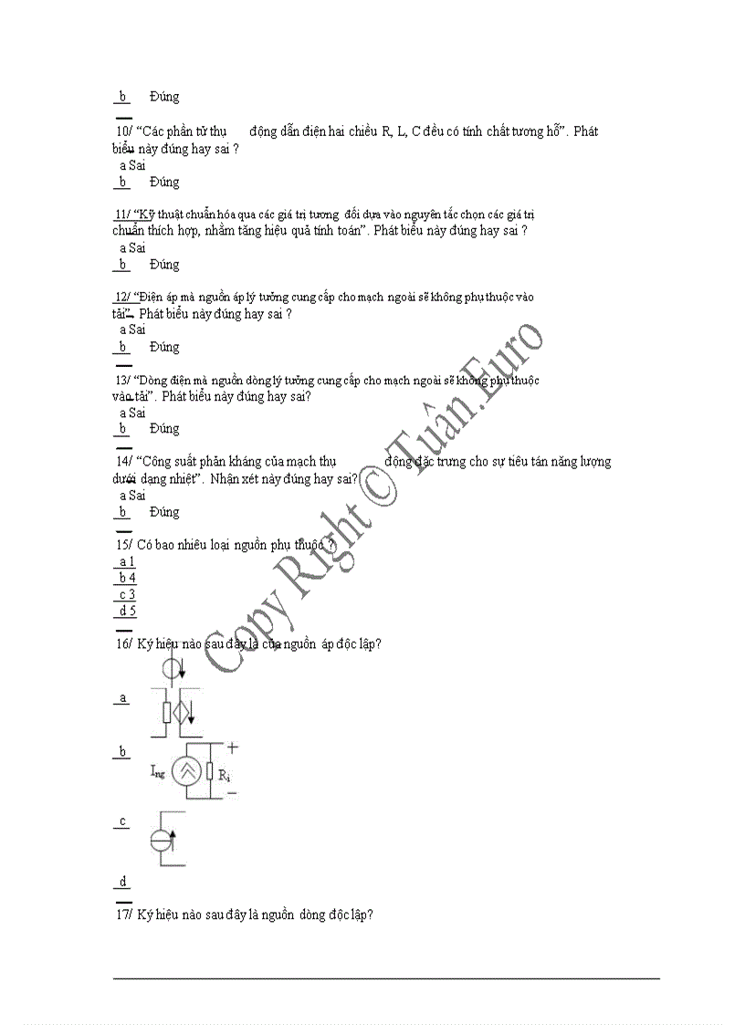 Ngân hàng đề thi trắc nghiệm môn lý thuyết mạch