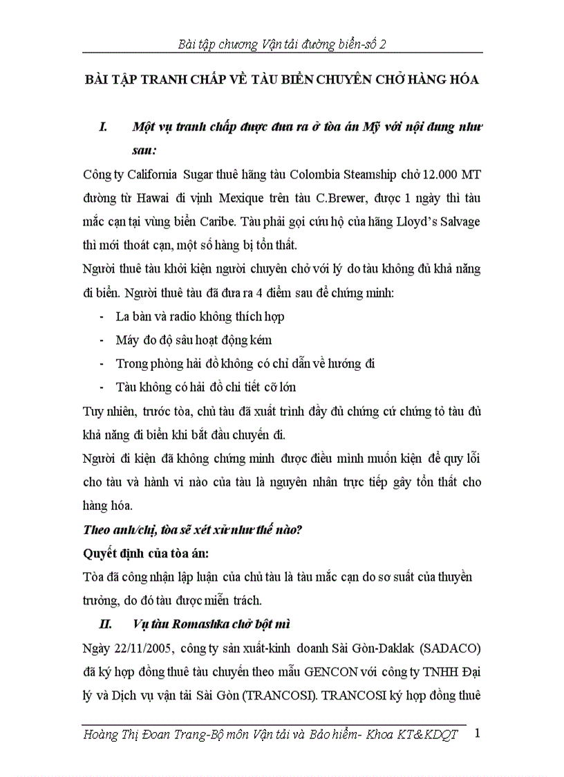 image for page Bài tập tranh chấp về tàu biển chuyên chở hàng hóa môn vận tải và bảo hiểm 1