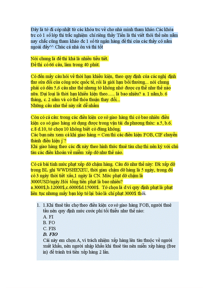 Đề thi trắc nghiệm vận tải FTU