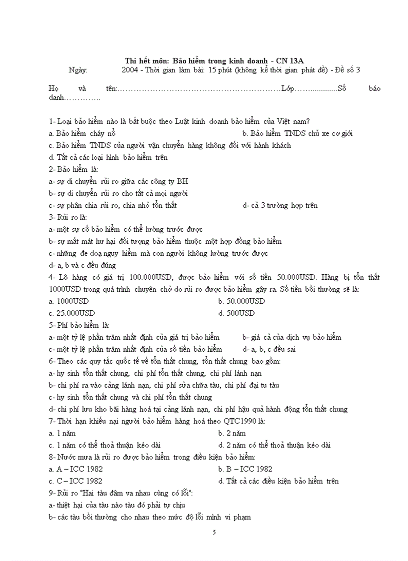 Đề thi hết môn Bảo hiểm trong kinh doanh CN 13A
