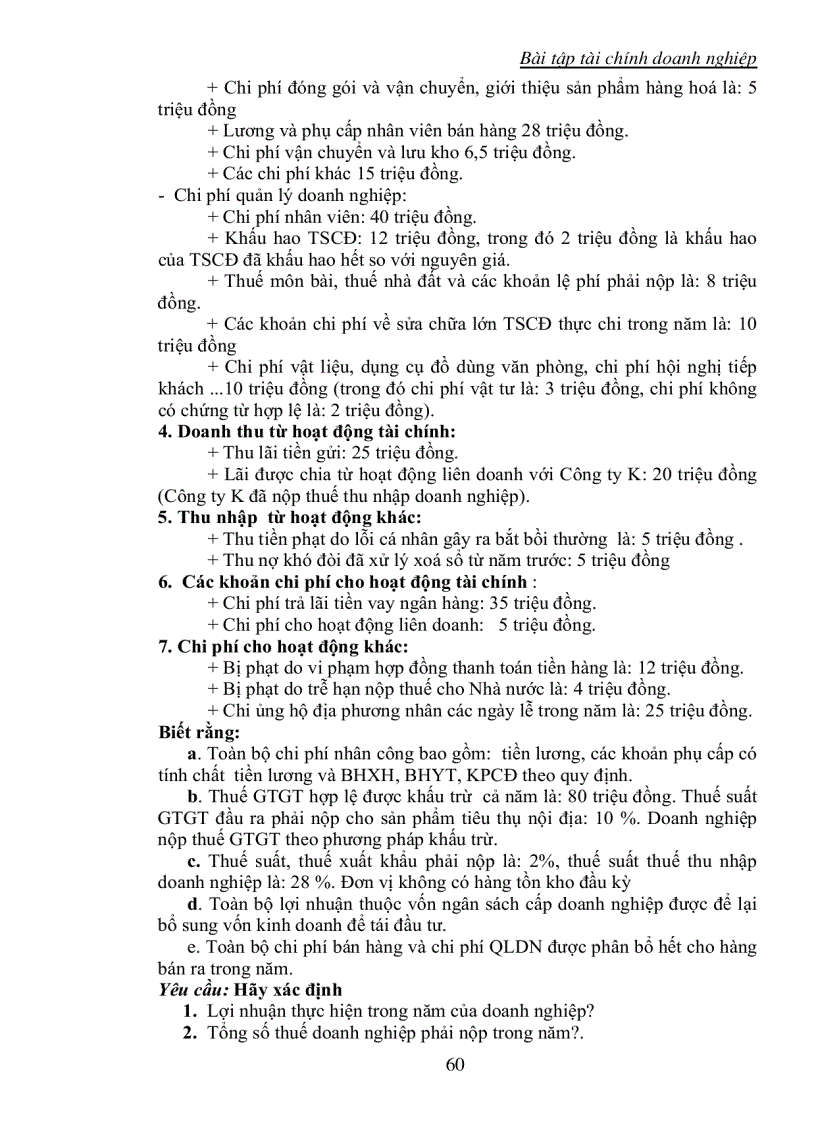 Bài tập tài chính doanh nghiệp Doanh thu lợi nhuận và phân phối lợi nhuận