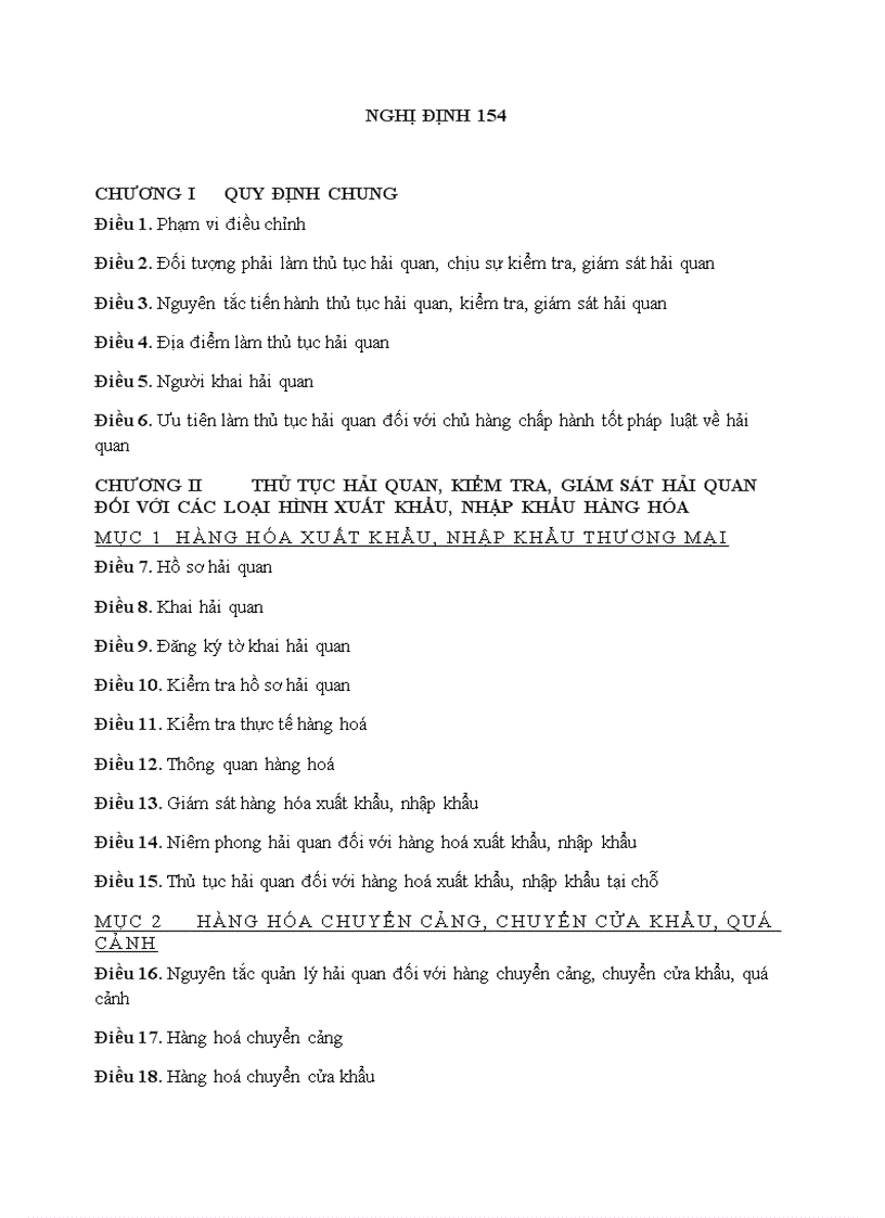 Nghị định 154 quy định chi tiết một số điều của luật hải quan về thủ tục hải quan kiểm tra giam sát hải quan có mục lục 1