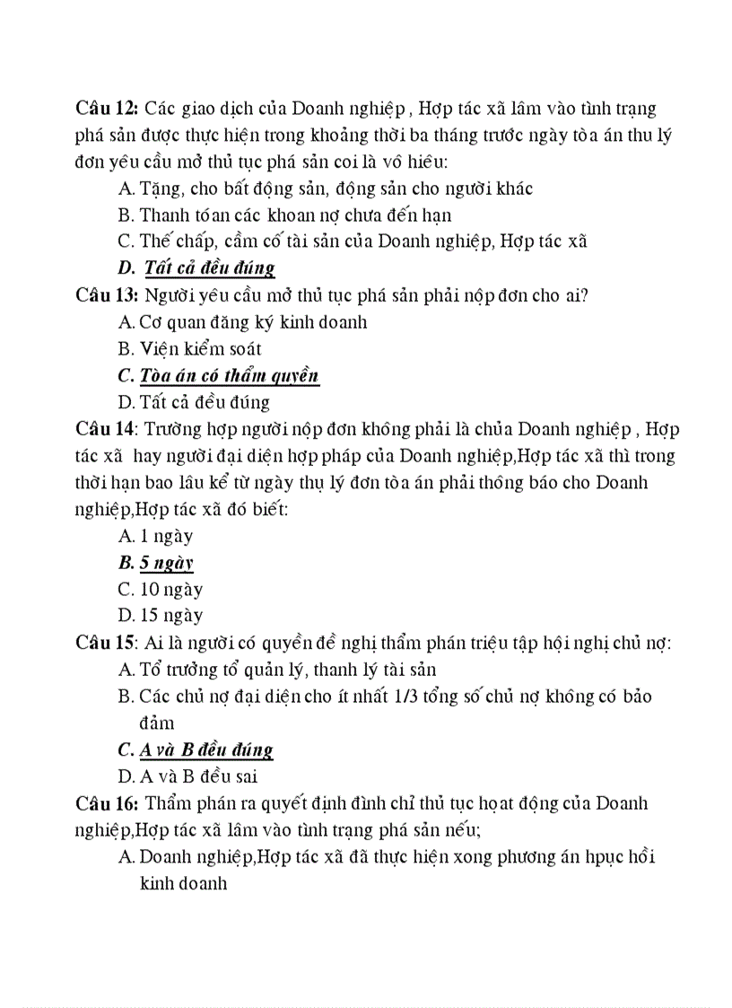 image for page Câu hỏi trắc nghiệm Luật Kinh Tế PHẦN PHÁ SẢN