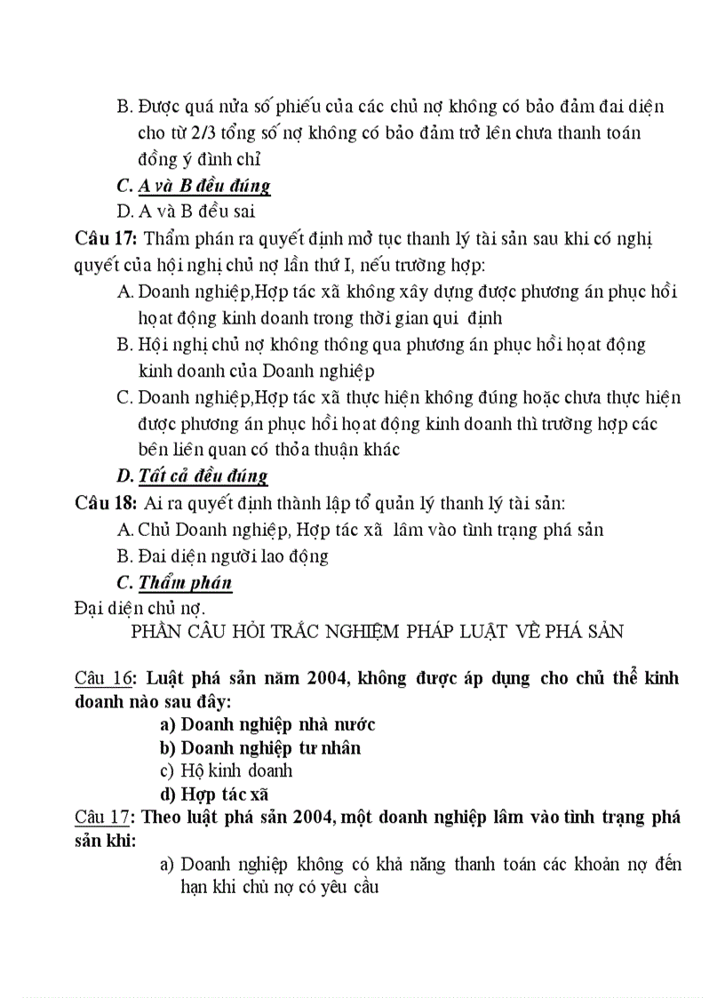 image for page Câu hỏi trắc nghiệm Luật Kinh Tế PHẦN PHÁ SẢN
