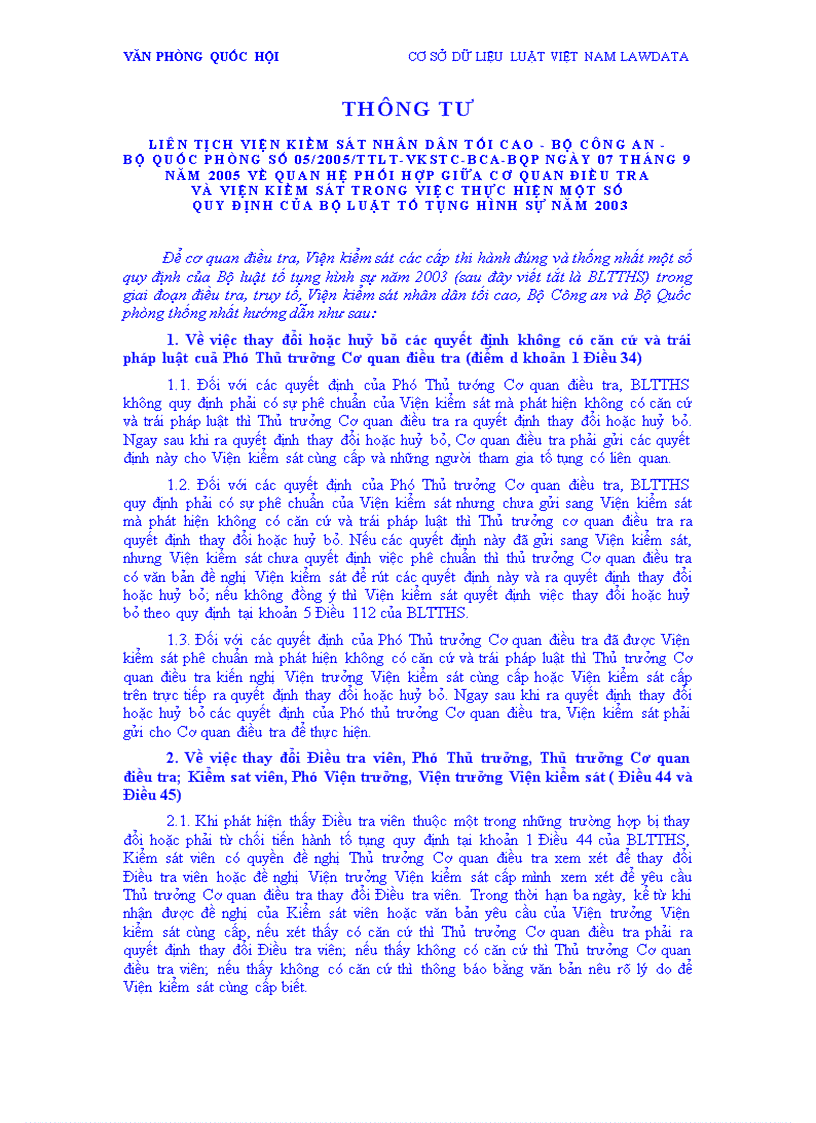 image for page Thông tư về quan hệ phối hợp giữa cơ quan điều tra và Viện Kiểm sát trong việc thực hiện một số quy định của Bộ luật Tố tụng hình sự năm 2003