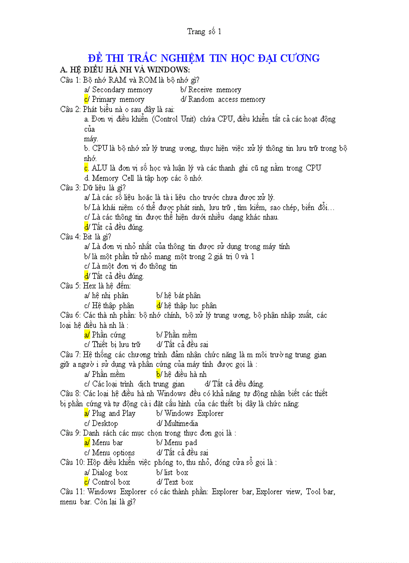 image for page Tài liệu Thi Công Chức Hải quan môn Tin học 2011