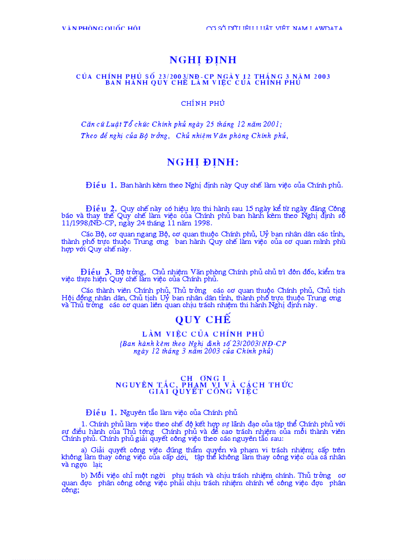 image for page Nghị định của chính phủ Số 23 2003 NĐ CP ngày 12 tháng 3 năm 2003 Ban hành Quy chế làm việc của Chính phủ