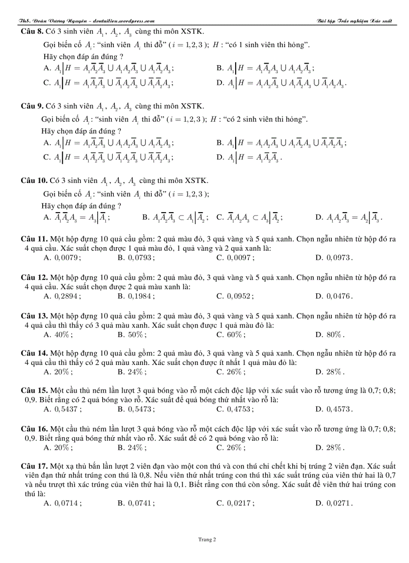 image for page Xác suất thống kê bảng phân phối bài tập trắc nghiệm xác suất thống kê 2