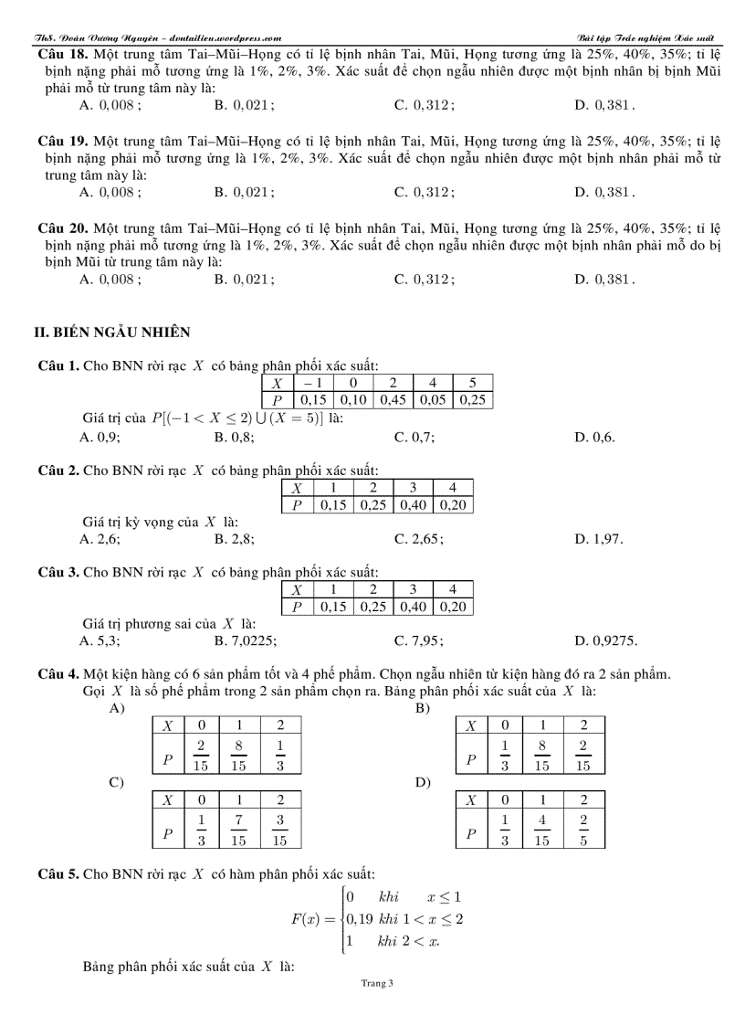 image for page Xác suất thống kê bảng phân phối bài tập trắc nghiệm xác suất thống kê 2