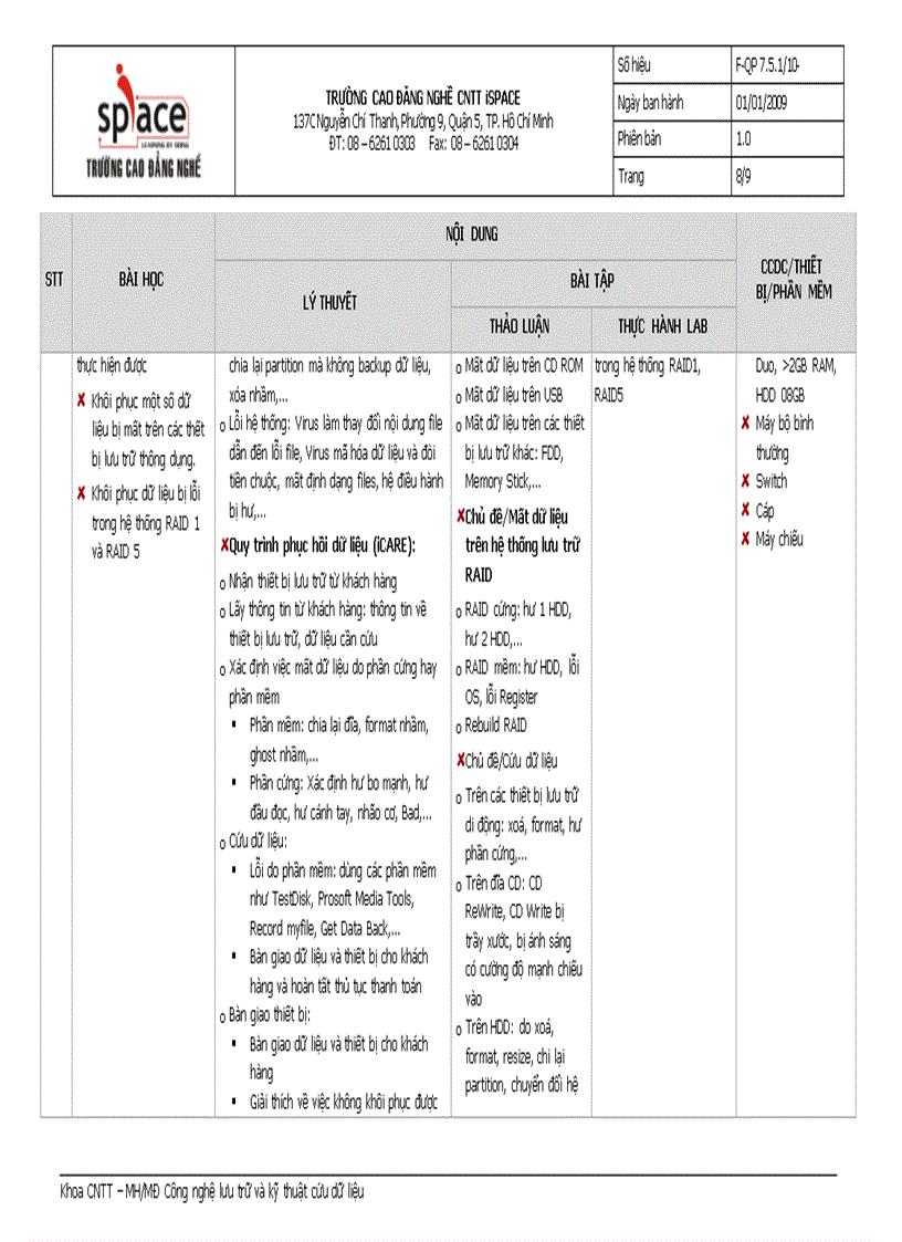 image for page Đại học FIT đề cương môn học môđun Công nghệ lưu trữ và kỹ thuật cứu dữ liệu