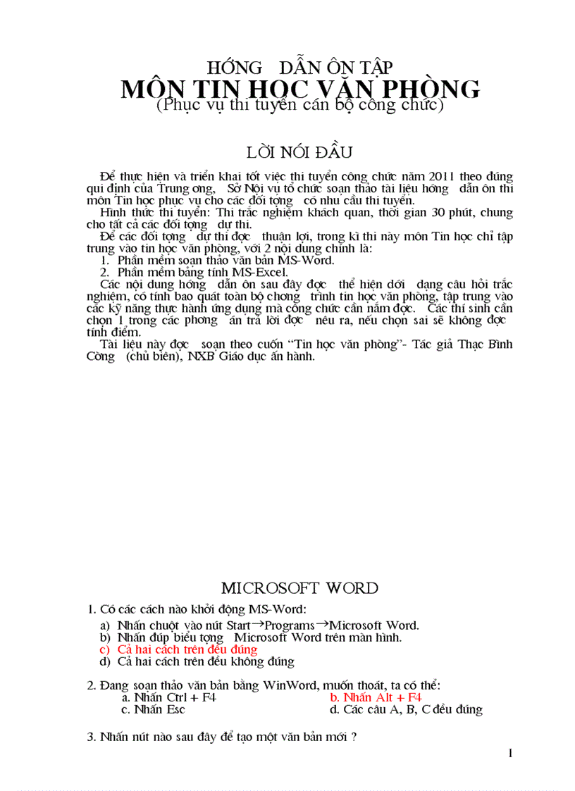 image for page Hướng dẫn ôn tập môn tin học văn phòng Phục vụ thi tuyển cán bộ công chức Năm 2011