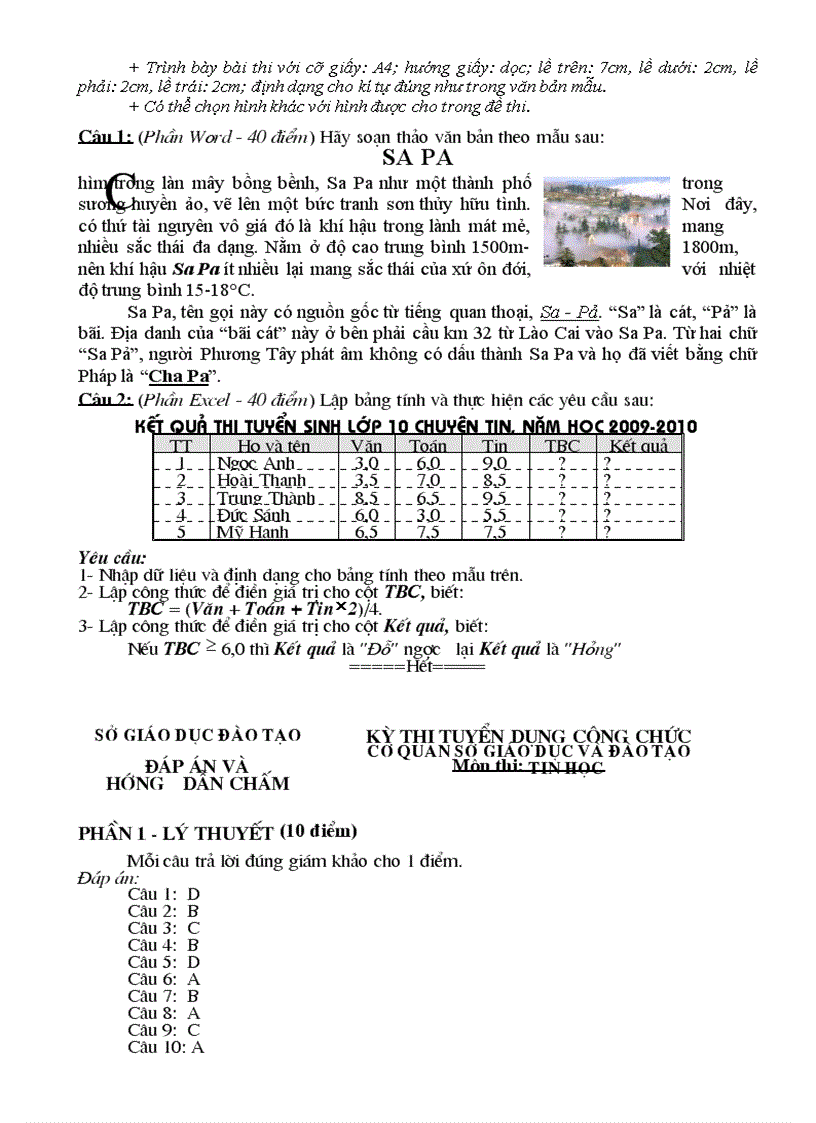 image for page Download Đề thi và hướng dẫn chấm thi tuyển dụng công chức 2010 Môn tin học