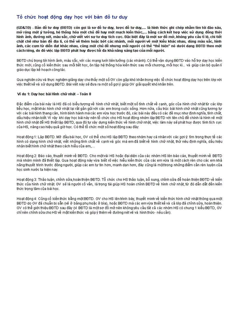 image for page Tổ chức hoạt động dạy học với bản đồ tư duy