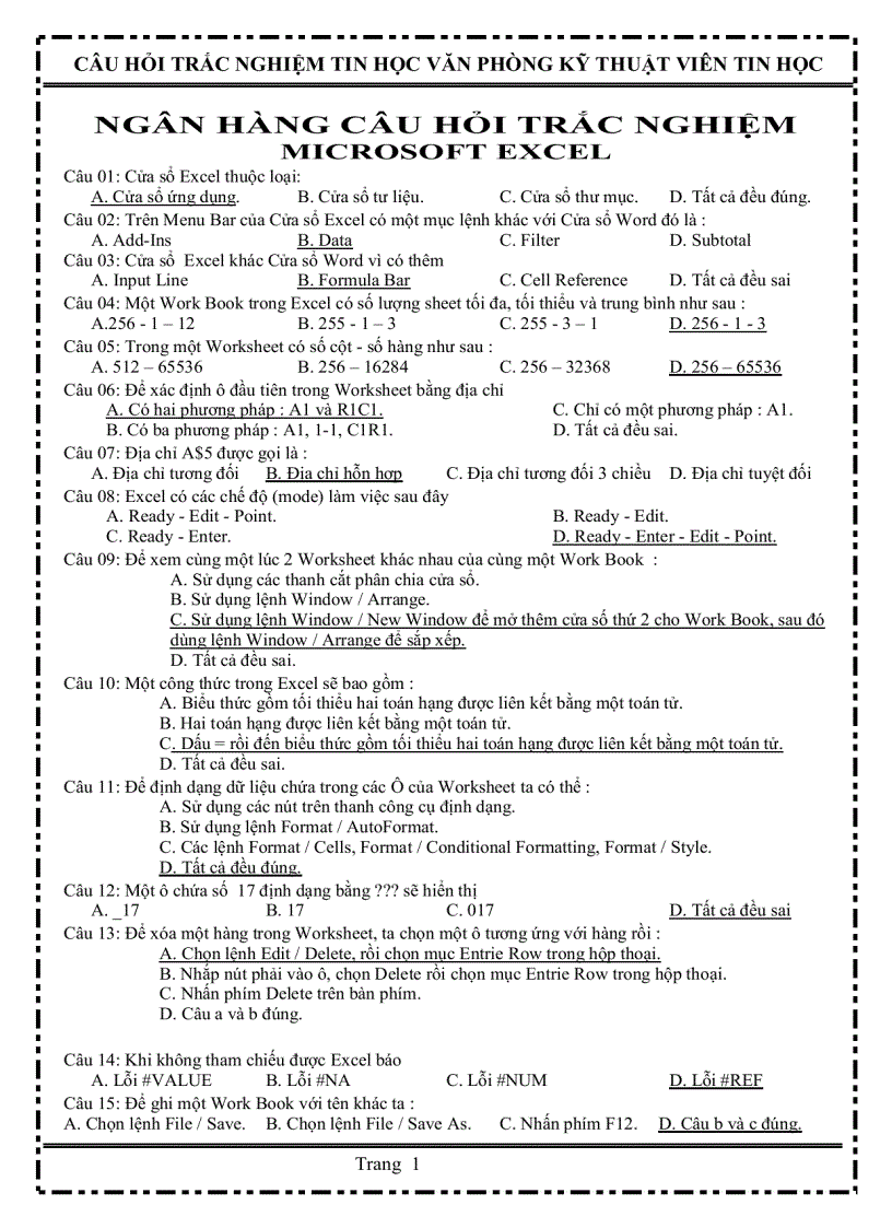 image for page Ngân hàng trắc nghiệm câu hỏi Microsoft exel