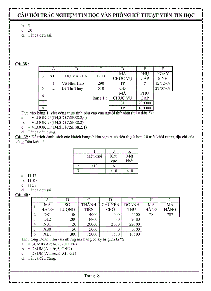 image for page Ngân hàng trắc nghiệm câu hỏi Microsoft exel