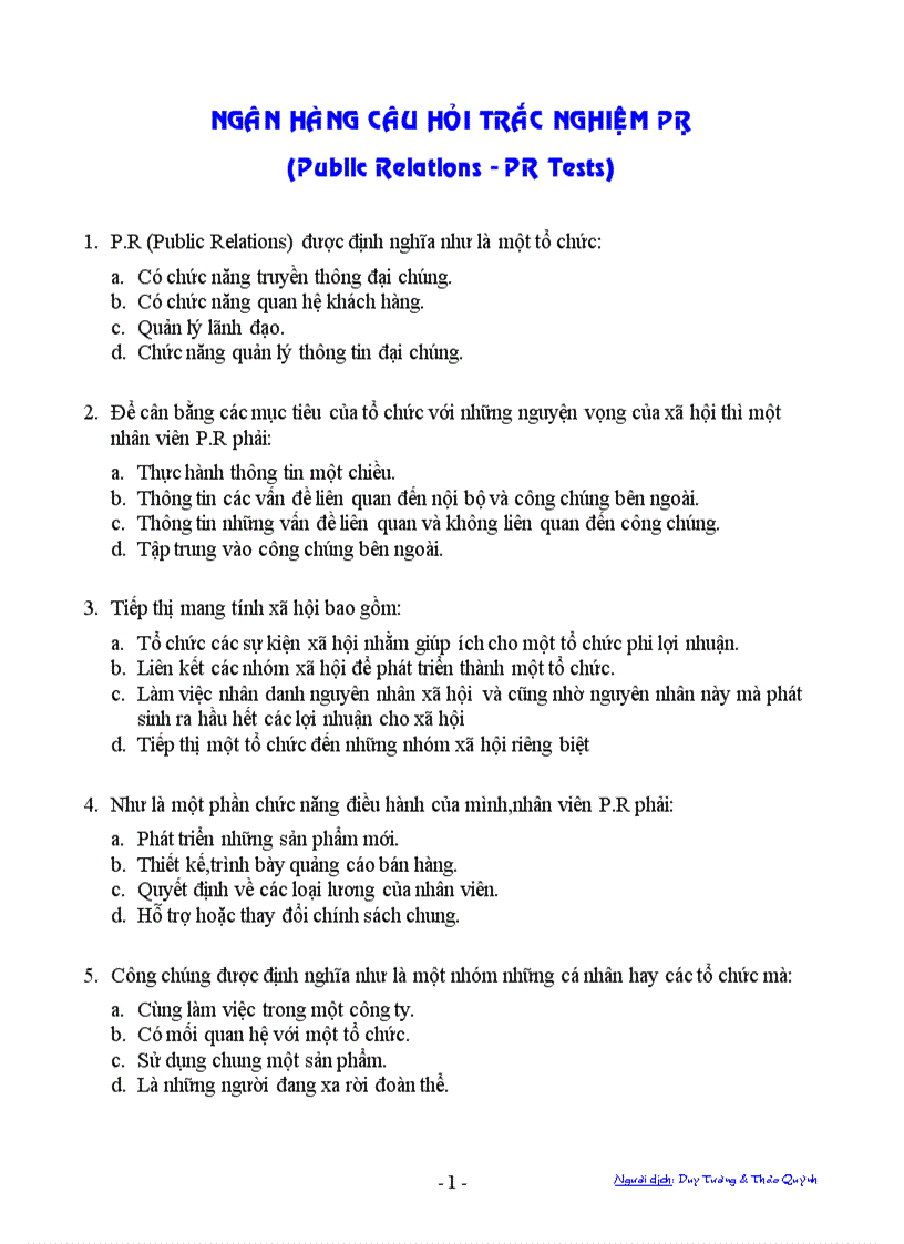 image for page Ngân hàng câu hỏi trắc nghiệm về PR Public Relations PR Tests