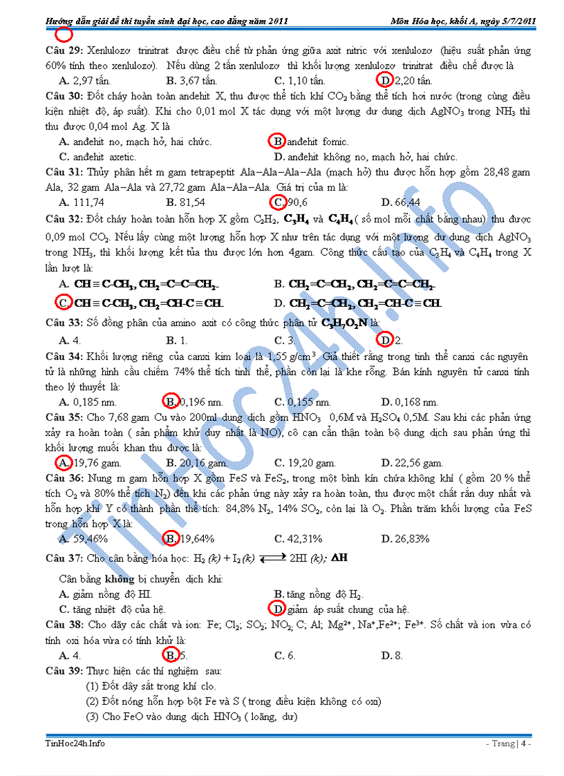 Đáp Án Đề Thi Đại Học Hóa Khối A 2011