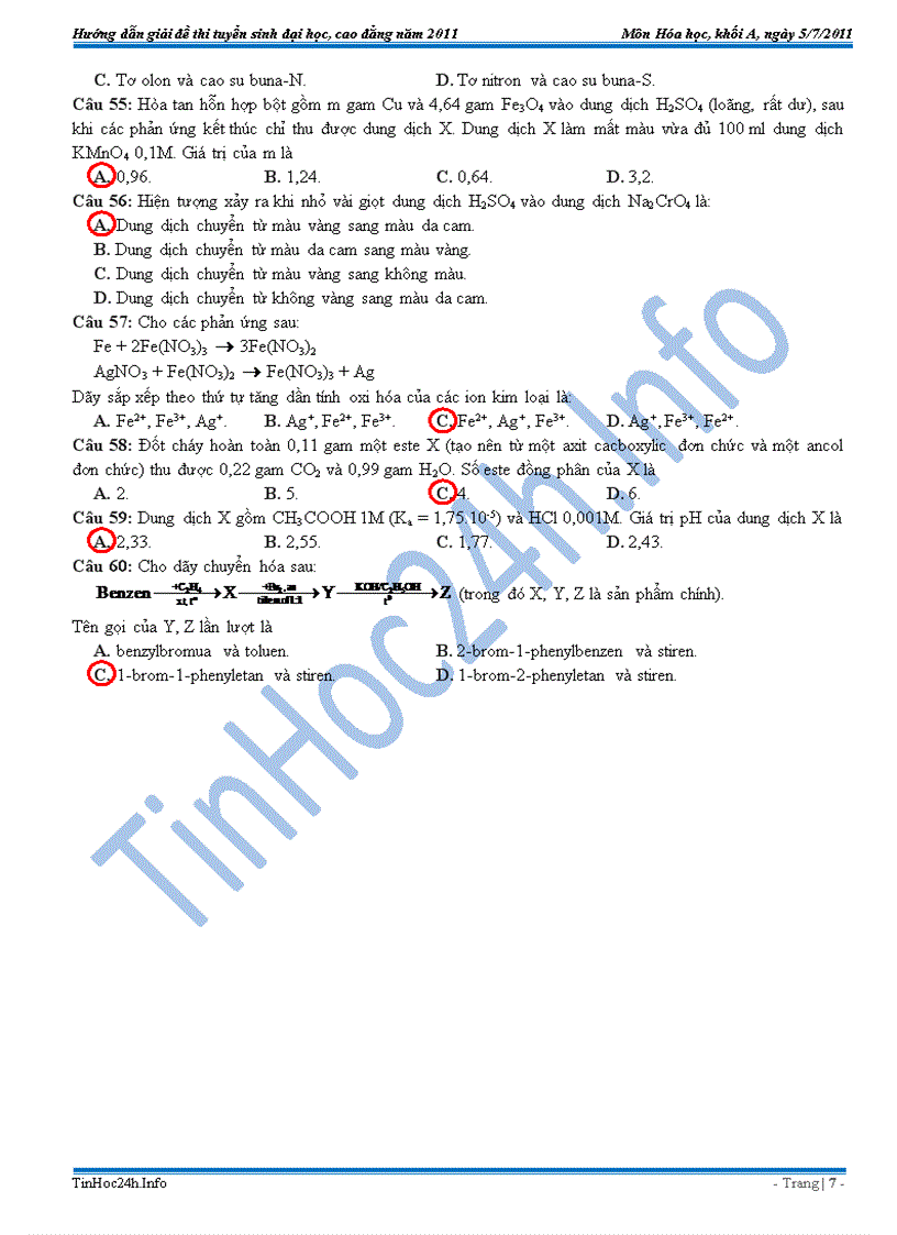 image for page Đáp Án Đề Thi Đại Học Hóa Khối A 2011