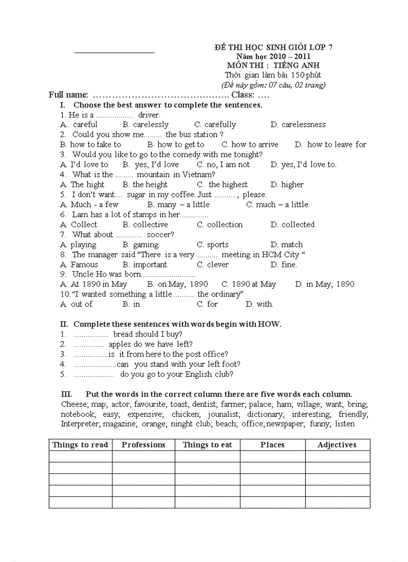 image for page Đề thi học sinh giỏi lớp 7 môn tiếng anh