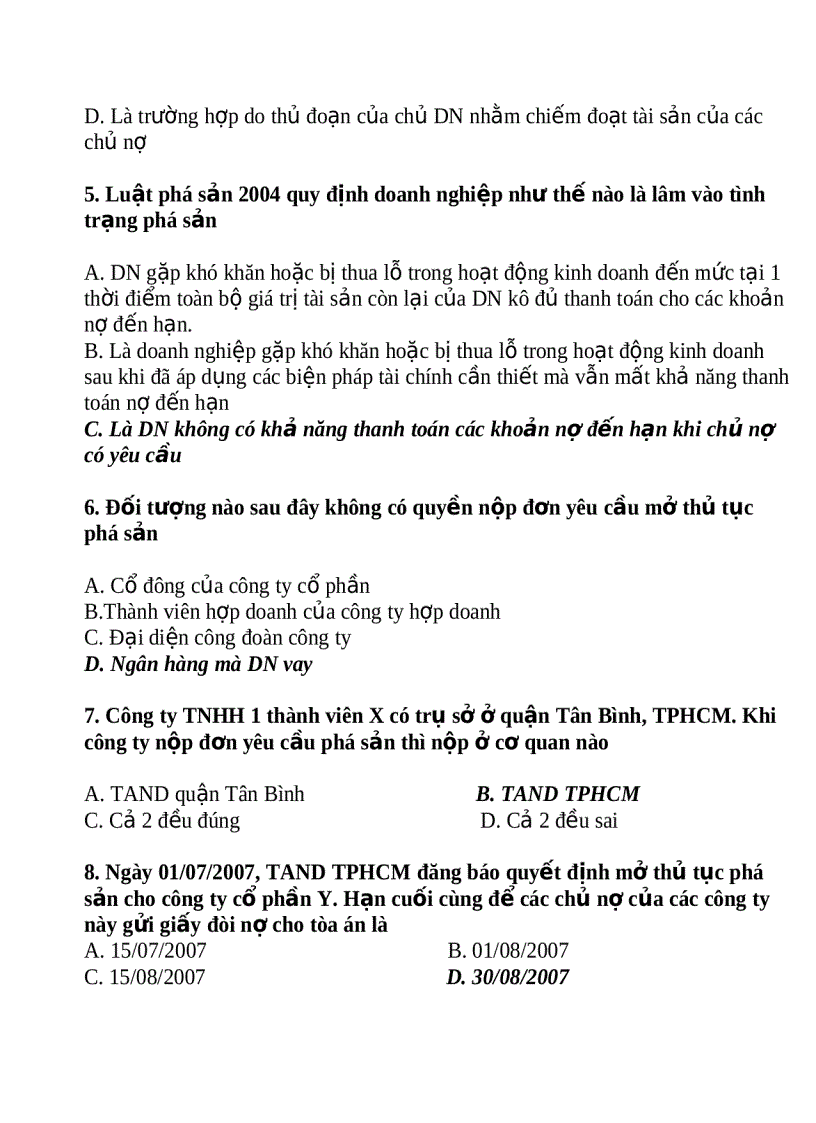 image for page Trắc nghiệm luật kinh tế phần phá sản