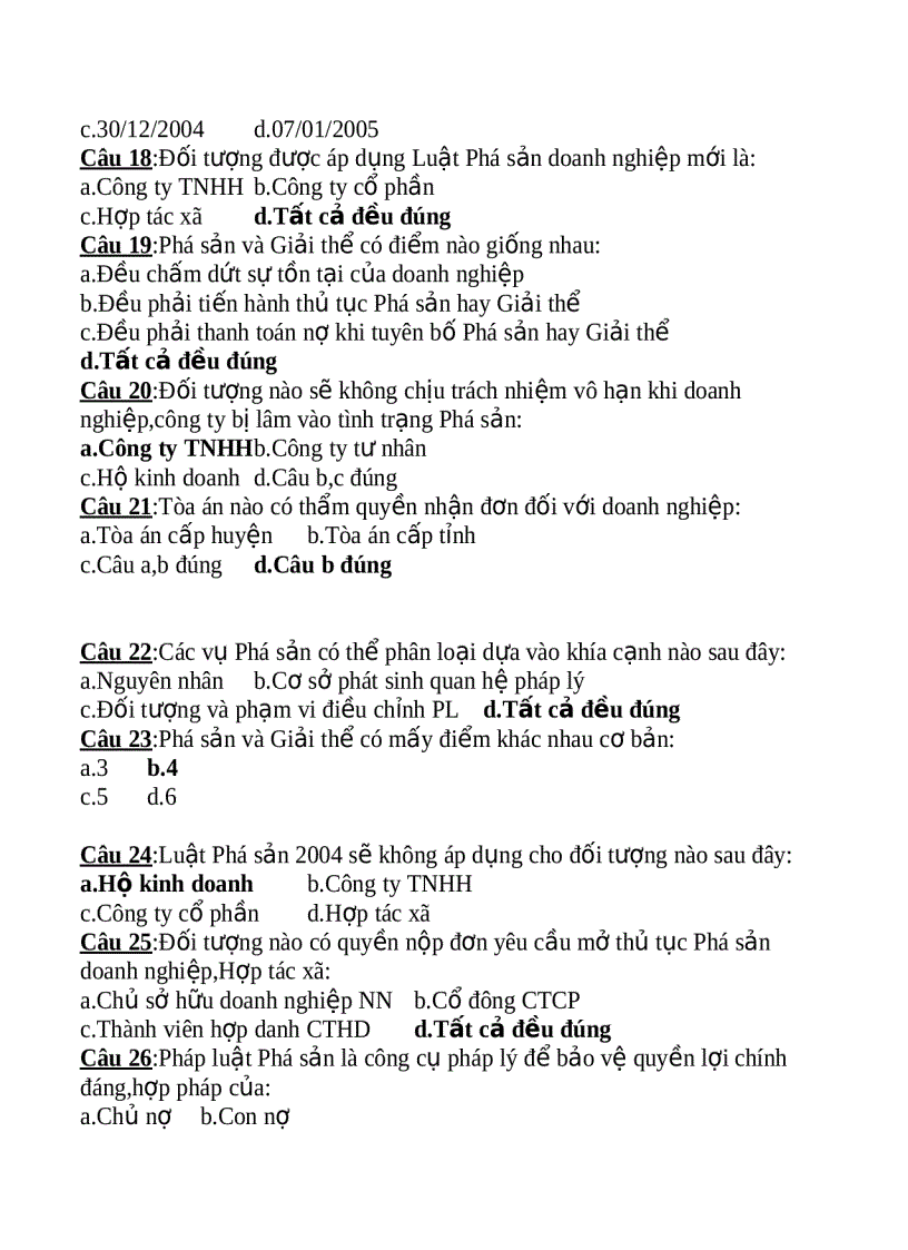 image for page Trắc nghiệm luật kinh tế phần phá sản
