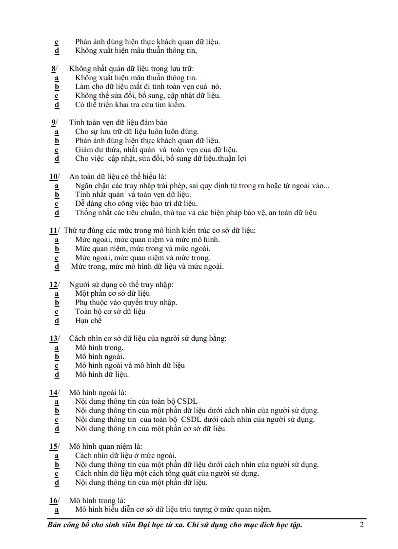 image for page Đề thi và đáp án trắc nghiệm môn Cơ sở dữ liệu 1