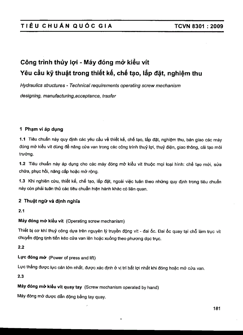 image for page TCVN 8301 2009 Công trình thủy lợi Máy đóng mở kiểu vít thiết kế chế tạo lắp đặt nghiệm thu