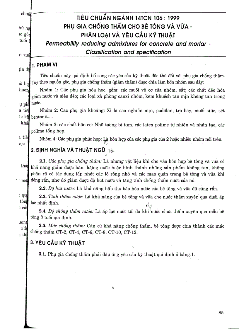 image for page Tiêu chuẩn ngành 14 TCN 106 1999 Phụ gia chống thấm cho bê tông và vữa phân loại và yêu cầu kỹ thuật