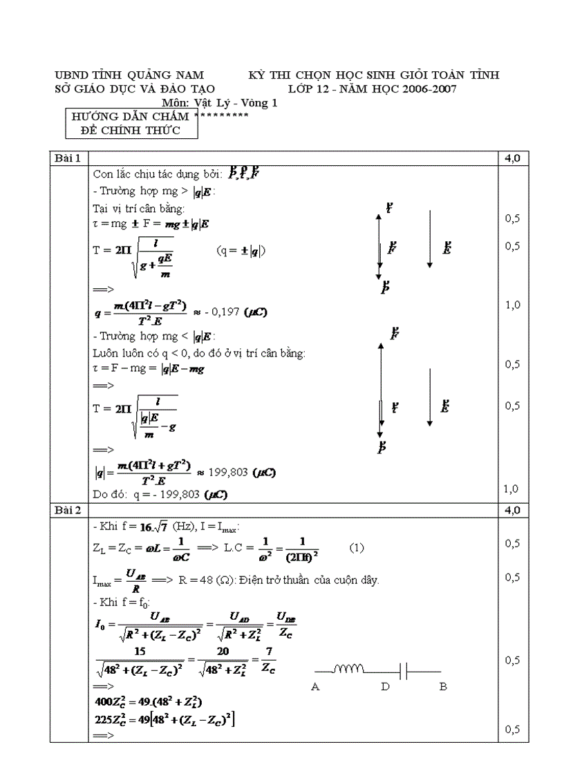 Đề thi hoc sinh giỏi Vật lí tỉnh Quảng nam