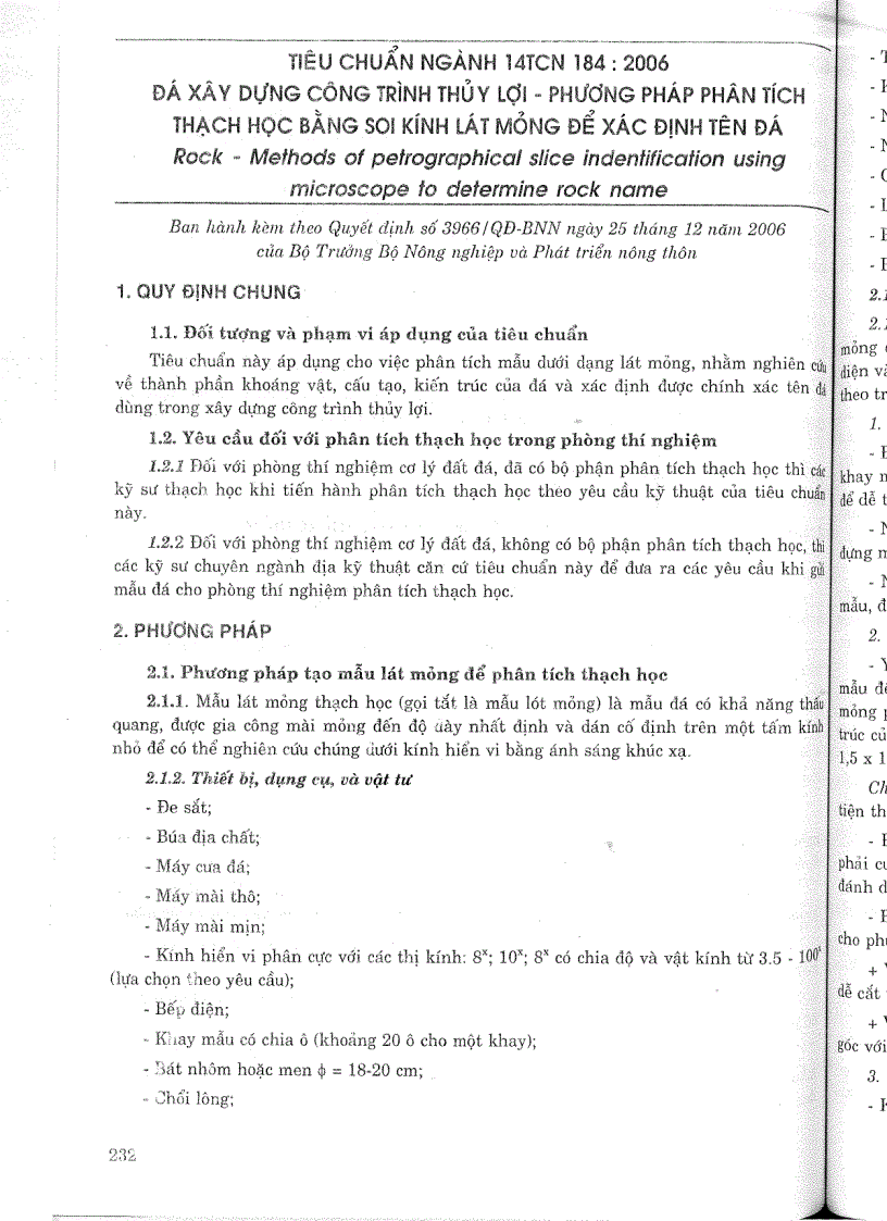image for page Tiêu chuẩn ngành 14 TCN 184 2006 Đá xây dựng công trình thuỷ lợi phương pháp phân tích thạch học bằng soi kính lát mỏng để xác định tên đá Tiêu chuẩn ngành Thuỷ Lợi