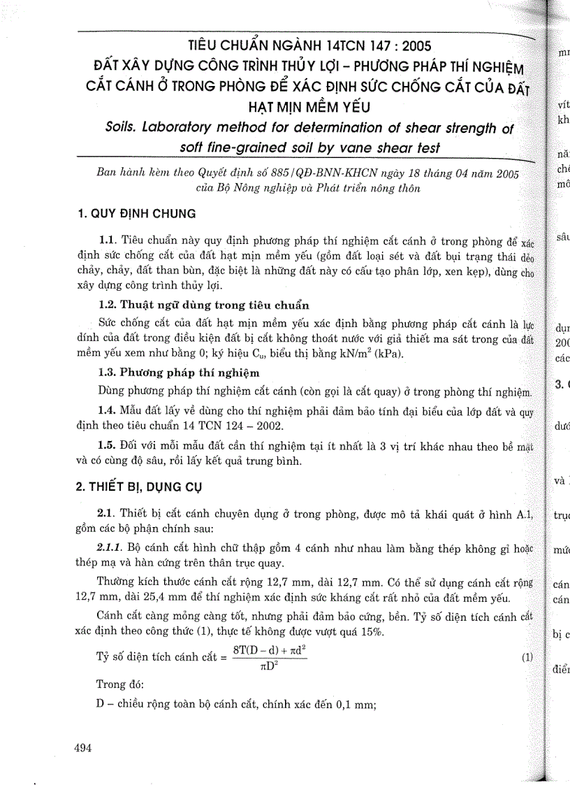 image for page Tiêu chuẩn ngành 14 TCN 147 2005 Đất xây dựng công trình thuỷ lợi phương pháp thí nghiệm cắt cánh ở trong phòng để xác định sức chống cắt của đất hạt mịn mềm yếu Tiêu chuẩn ngành Thuỷ L