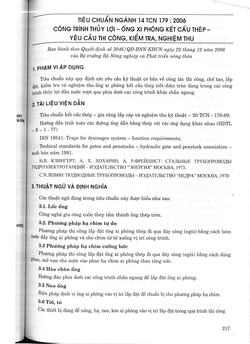 image for page Tiêu chuẩn ngành 14 TCN 179 2006 Công trình thuỷ lợi ống xi phong kết cấu thép thi công kiểm tra nghiệm thu Tiêu chuẩn ngành Thuỷ Lợi