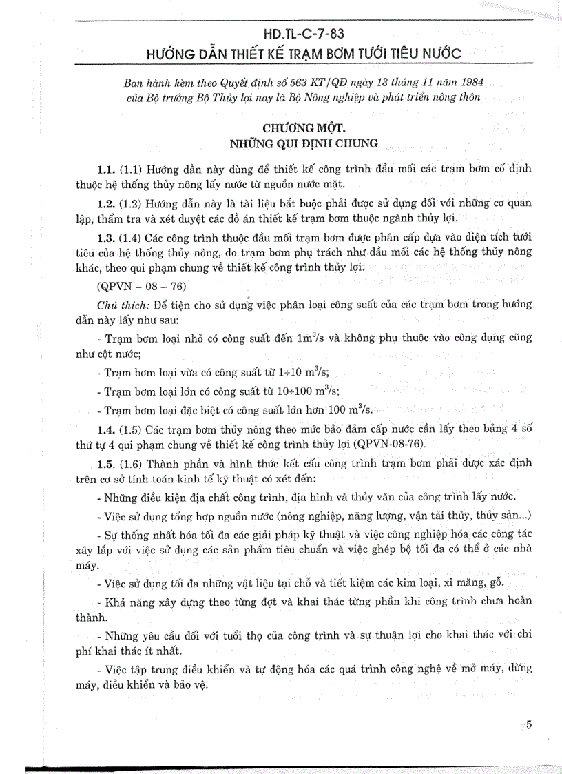 image for page Tiêu chuẩn ngành HD TL C 7 83 Hướng dẫn thiết kế trạm bơm tưới tiêu nước Tiêu chuẩn ngành Thuỷ Lợi