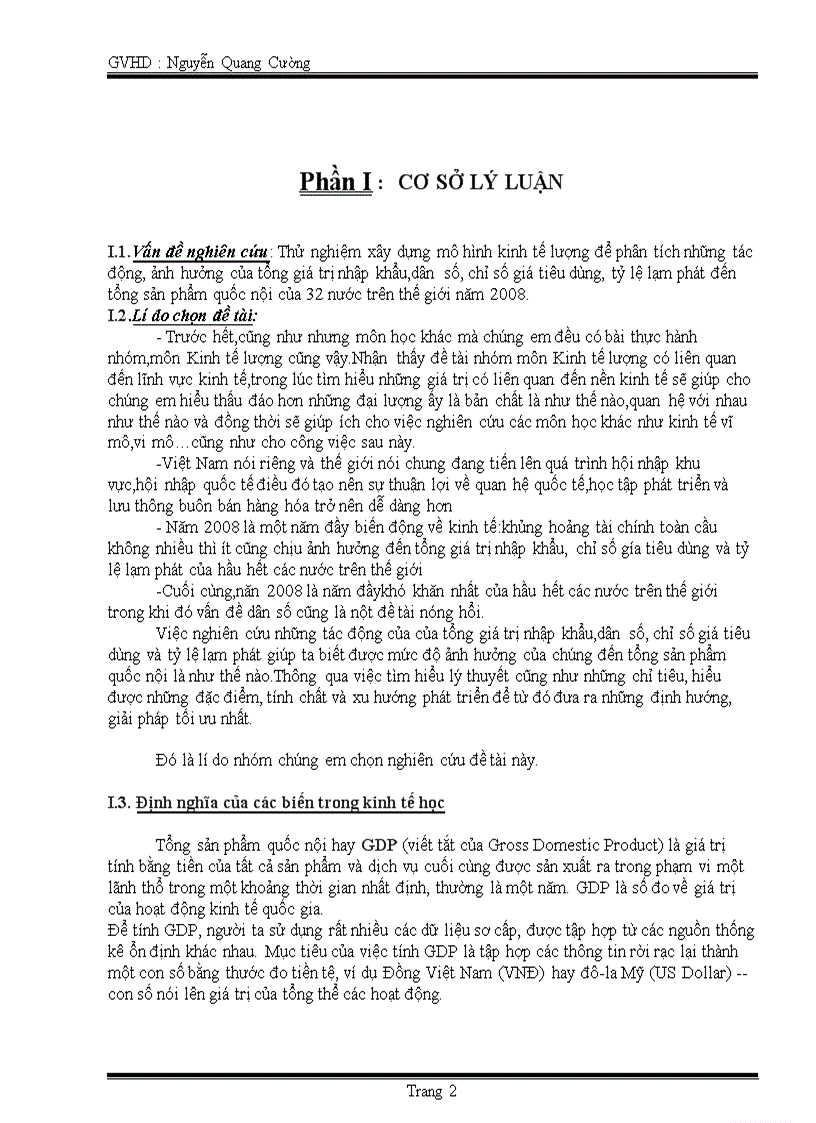 image for page Thử nghiệm xây dựng mô hình kinh tế lượng để phân tích những tác động ảnh hưởng của tổng giá trị nhập khẩu dân số chỉ số giá tiêu dùng tỷ lệ lạm phát đến tổng sản phẩm quốc nội