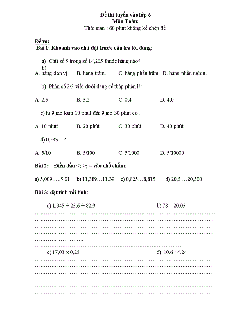 image for page Đề thi tuyển vào lớp 6 Môn Toán