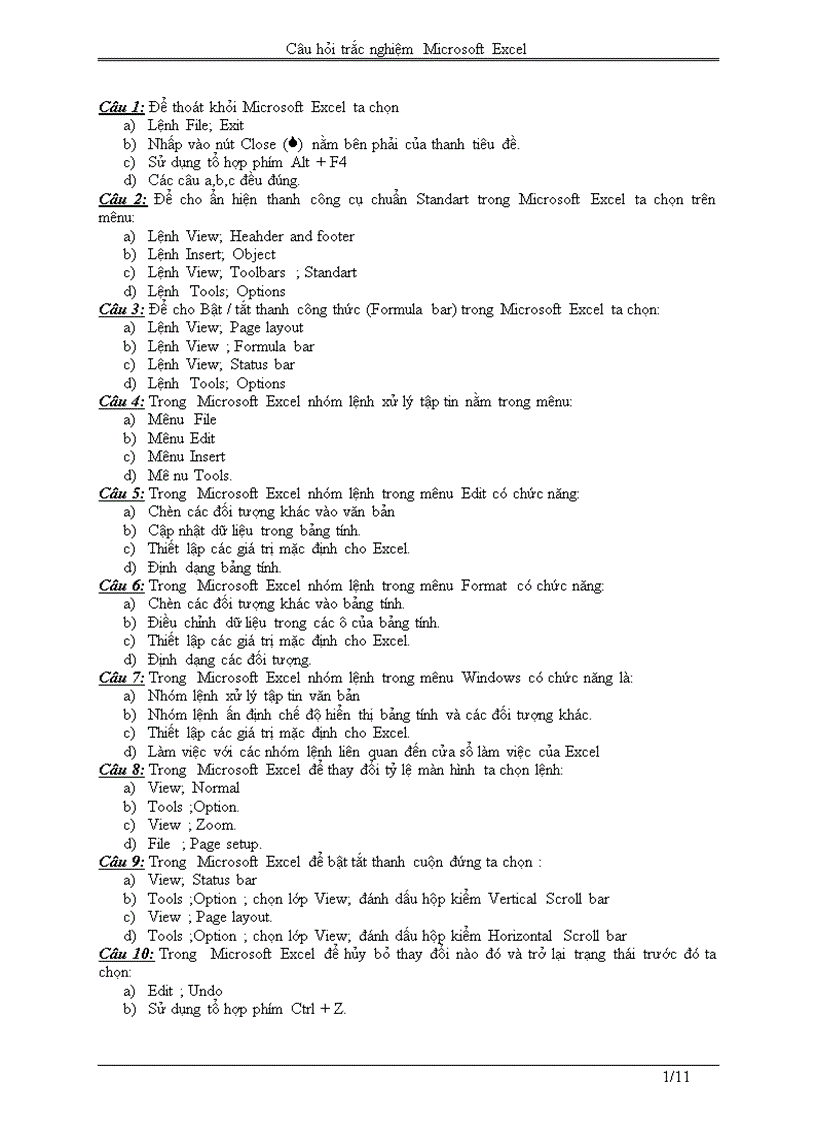 image for page Trắc nghiệm exel