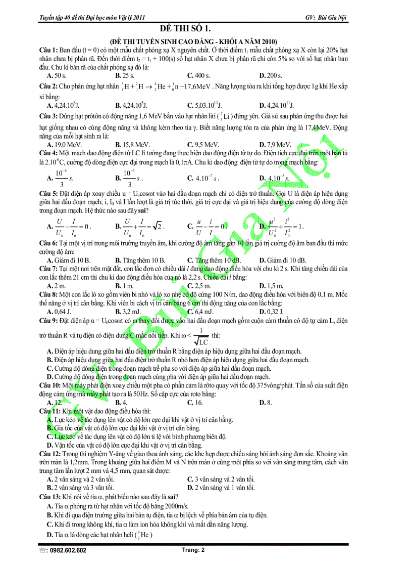 image for page Tuyển tập 40 đề thi Đại học lý