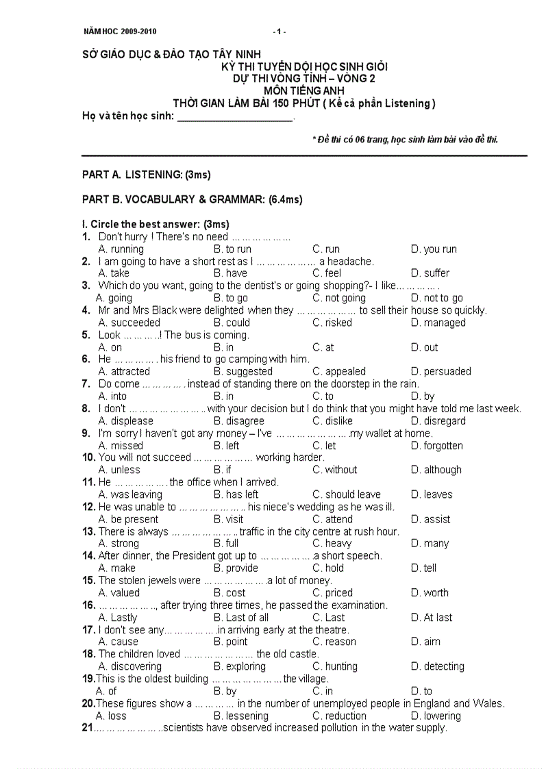 image for page Kỳ thi tuyển dội học sinh giỏi dự thi vòng tỉnh vòng 2 môn tiếng anh