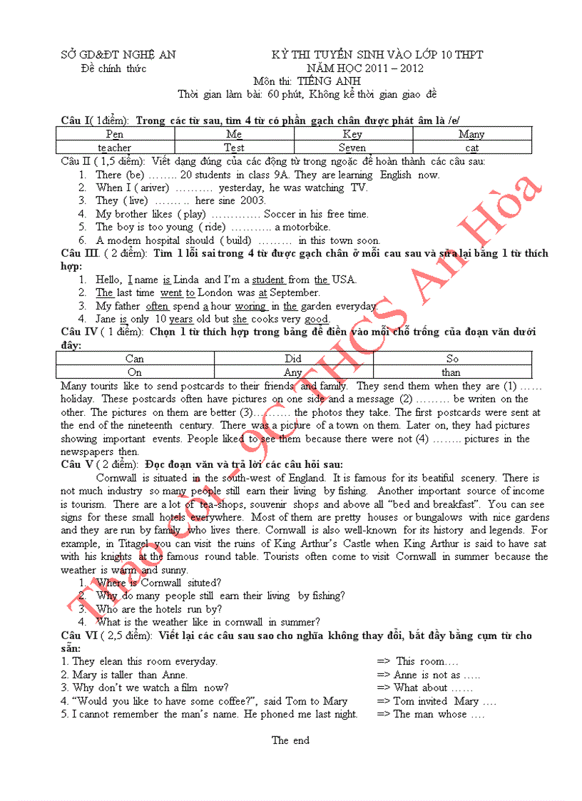 image for page Đề thi tuyển sinh vào lớp 10 môn tiếng anh