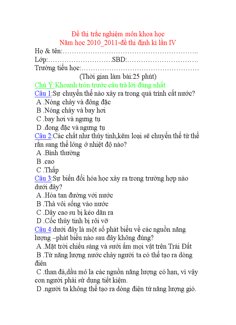 image for page Đề thi trắc nghiệm môn khoa học Năm học 2010 2011 đề thi định kì lần IV lớp 5