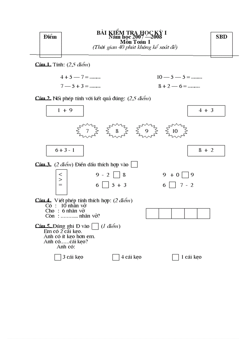 image for page Đề kiểm tra toán học kỳ 1 năm 2007 2008