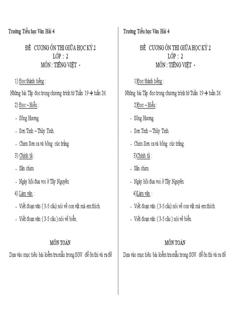 image for page ĐỀ CƯƠNG ÔN THI GIỮA HỌC KỲ 2 LỚP 2 MÔN TIẾNG VIỆT toán